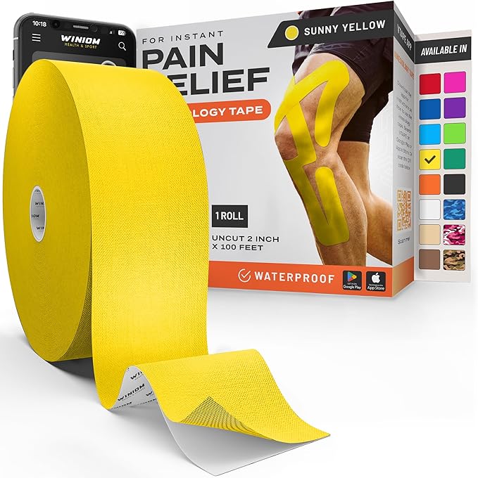 Kinesiology Tape-Incredible Support for Athletic Sports and Recovery + Free Taping Guide-Uncut 2 inch 100 feet Roll (Sunny Yellow + Free Taping Guide, Pack of 1)