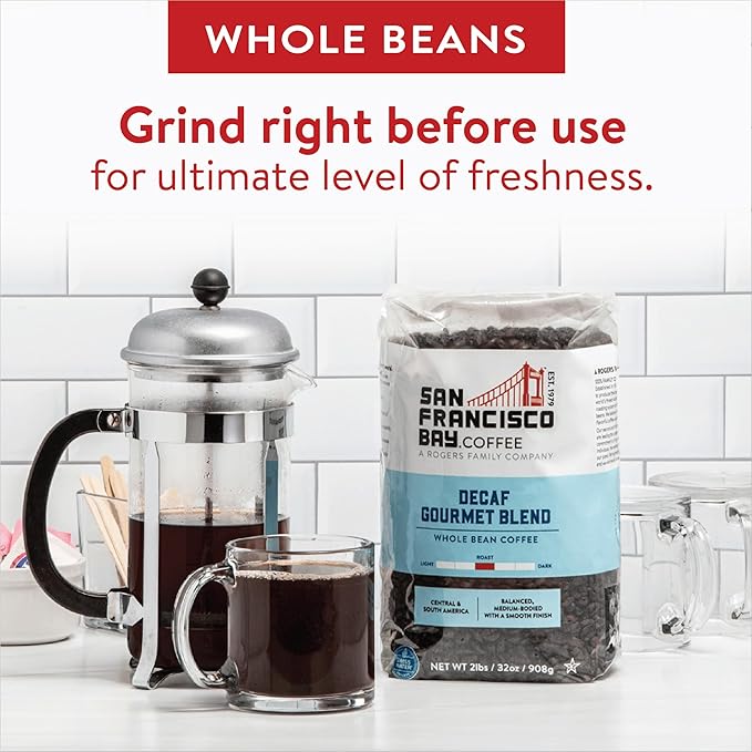 San Francisco Bay Coffee - Decaf Medium-Dark Roast Whole Bean Coffee - Decaf Gourmet Blend (2 lb bag) - Swiss Water Processed