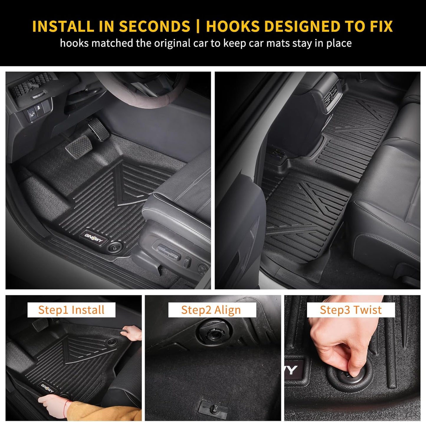 GINOWY- Floor Mats for Kia Seltos 2020-2024 2025, TPE All Weather Protection Mats for Kia Seltos 2024, Custom Seltos Floor Liners Non-Slip Waterproof Automotive Accessories, Black