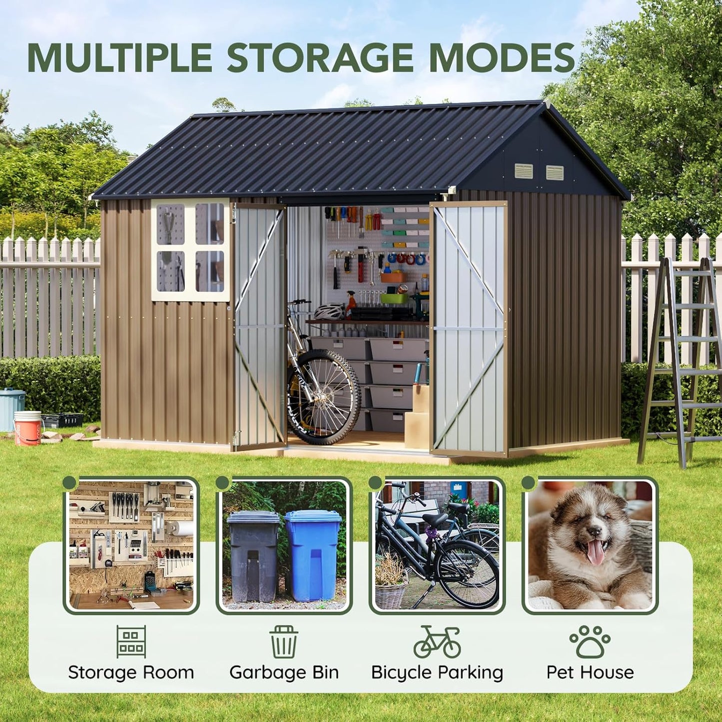 8x10 FT Outdoor Metal Storage Shed, Single Door, 1 Clear Window, Tool Shed for Garden, Patio, Backyard Brown