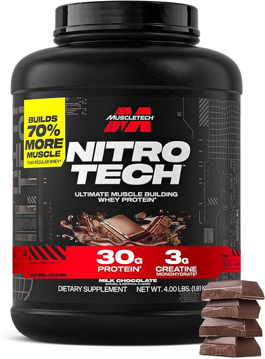 Muscletech Whey Protein Powder (Milk Chocolate, 4 Pound) - Nitro-Tech Ultimate Muscle Building Formula with Whey Protein Isolate - 30g of Protein, 3g of Creatine & 6.8g of BCAA - Packaging May Vary