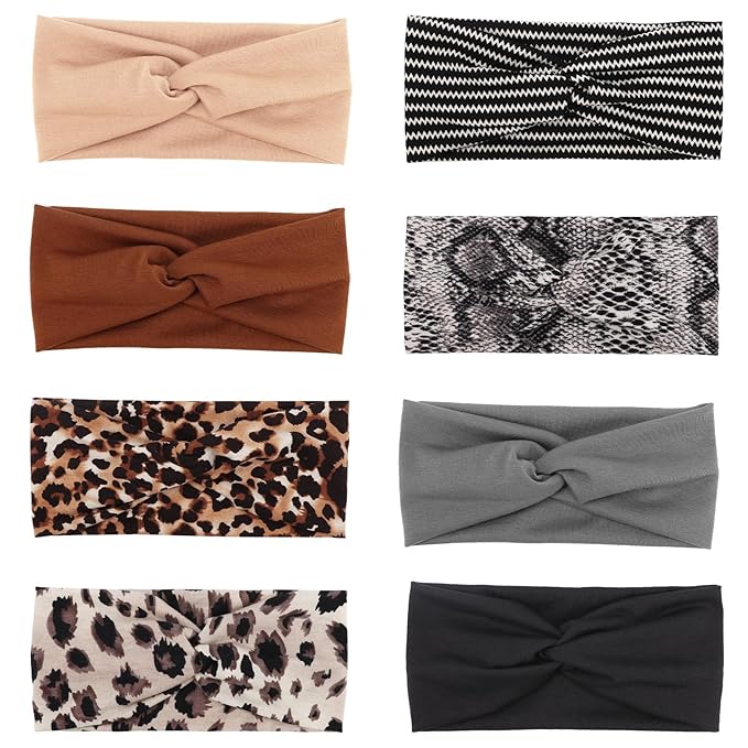 DRESHOW 8 Pack Headbands for Women Girls Vintage Leopard Headband Knotted Headwraps Criss Cross Hair Bands Accessories