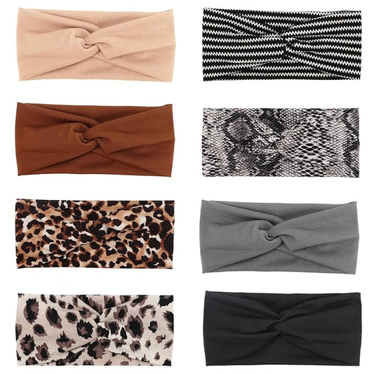 DRESHOW 8 Pack Headbands for Women Girls Vintage Leopard Headband Knotted Headwraps Criss Cross Hair Bands Accessories