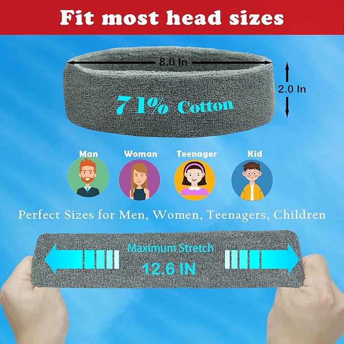 Sweatbands Sports Headbands for Men & Women - 3 Pack Moisture Wicking Cotton Headband for Tennis, Basketball, Running, Gym - Sweat Band