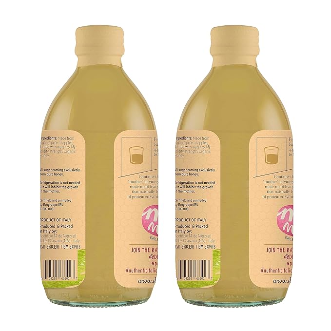 De Nigris Organic Apple Cider Vinegar With Honey & Turmeric, Raw & Unfiltered 16,9 Oz (Pack of 2) | Apple Cider Vinegar With Mother For The Balance Of Metabolism, Organic