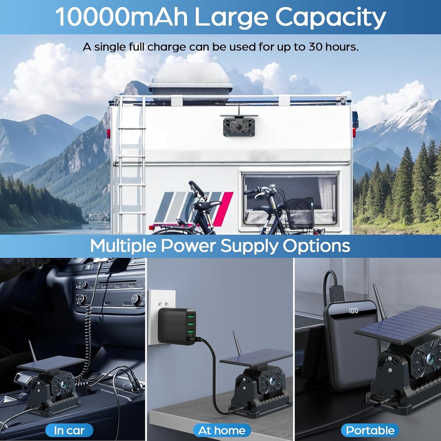 Magnetic Solar Wireless Backup Camera No Installation VASTEND 1080P 7'' RV Backup Camera with 10000mAh Rechargeable Battery for Box Truck Trailer Camper Car Caravan Rearview Reversing Camera (VS-7A)