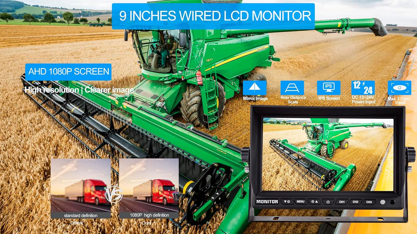 AHD 1080P, 9" Wired Monitor Rear View Reverse Backup Night Vision Camera System, Waterproof IP 69k Camera for Agriculture Farm Tractor, Truck, Forklift, Heavy Equipment, Excavator, Skid Steer