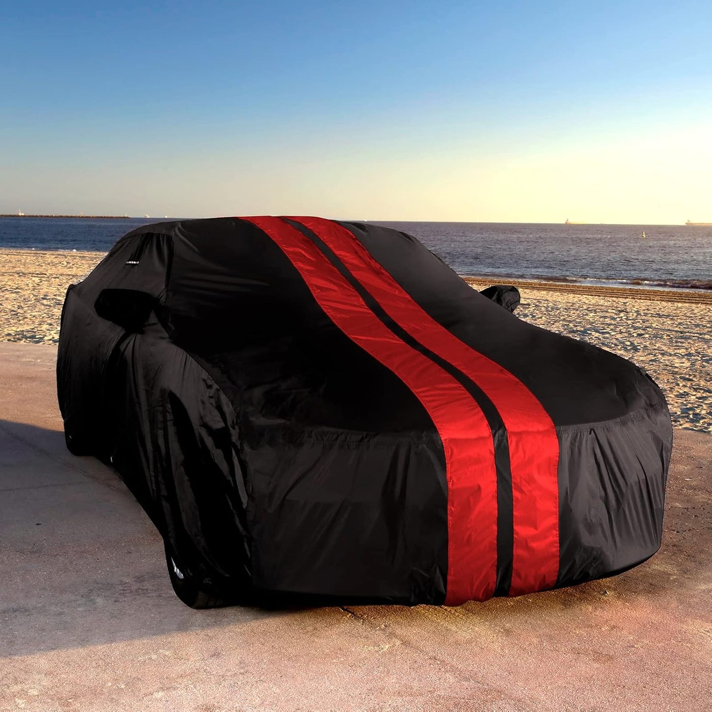 iCarCover Custom Car Cover Compatible with Mustang GT 1979-2004, Waterproof All Weather Rain Snow UV Sun Protector Full Exterior Indoor Outdoor Car Covers, Stripe (Black/Red)