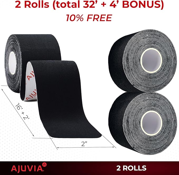 AJUVIA Synthetic Kinesiology Tape, 2 Uncut Rolls, 10% Bonus Pack, Lasts up to 14 Days, Hypoallergenic and Waterproof K Tape for Muscle Pain Relief and Joint Support