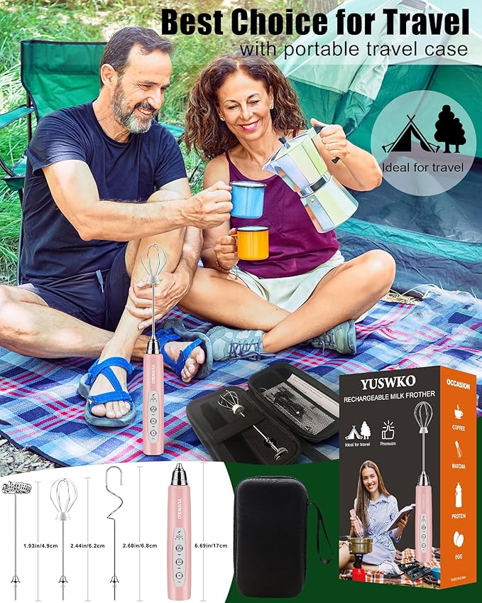 YUSWKO Rechargeable Milk Frother Handheld Frother Wand Drink Mixer for Coffee, Electric Whisk 3 Speed Adjustable, Coffee Foamer Maker with 3 Stainless Whisks Ideal Stirrers for Travel - Pink