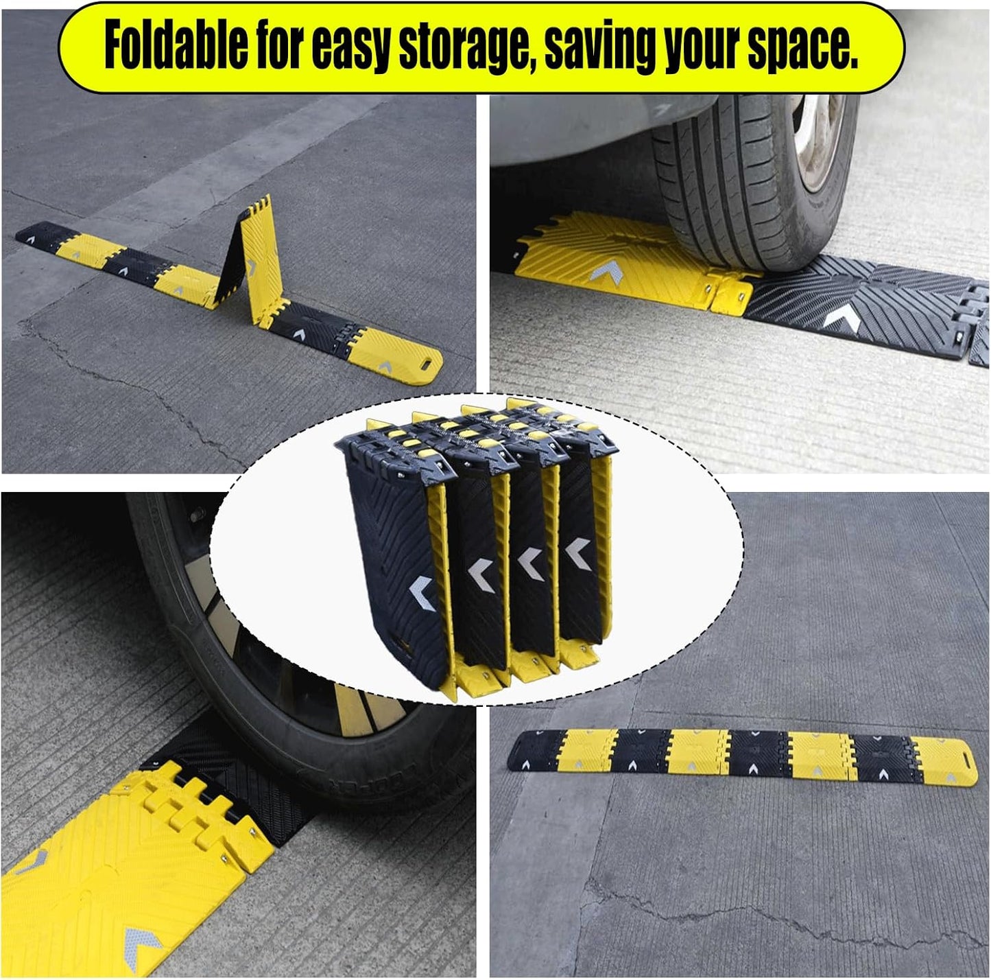 Portable Vehicle Traffic Speed Bump 118"×10"×1"Yellow-Black Reflective Non-Slip No Installation Needed Portable Traffic Speed Bump Parking、Lot Residential Area、Construction Site Speed Limiter