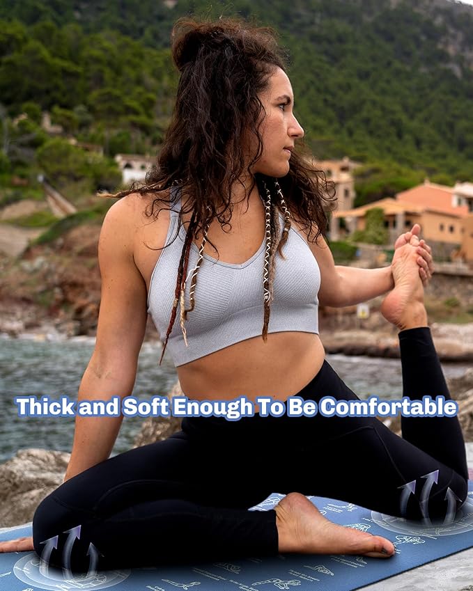 Instructional Travel Yoga Mat with 75 Poses & Exercises - Non-slip Exercise Mat for Home Workout, Includes Carrying Bag - Perfect for Beginners, 68"x24"x0.25"