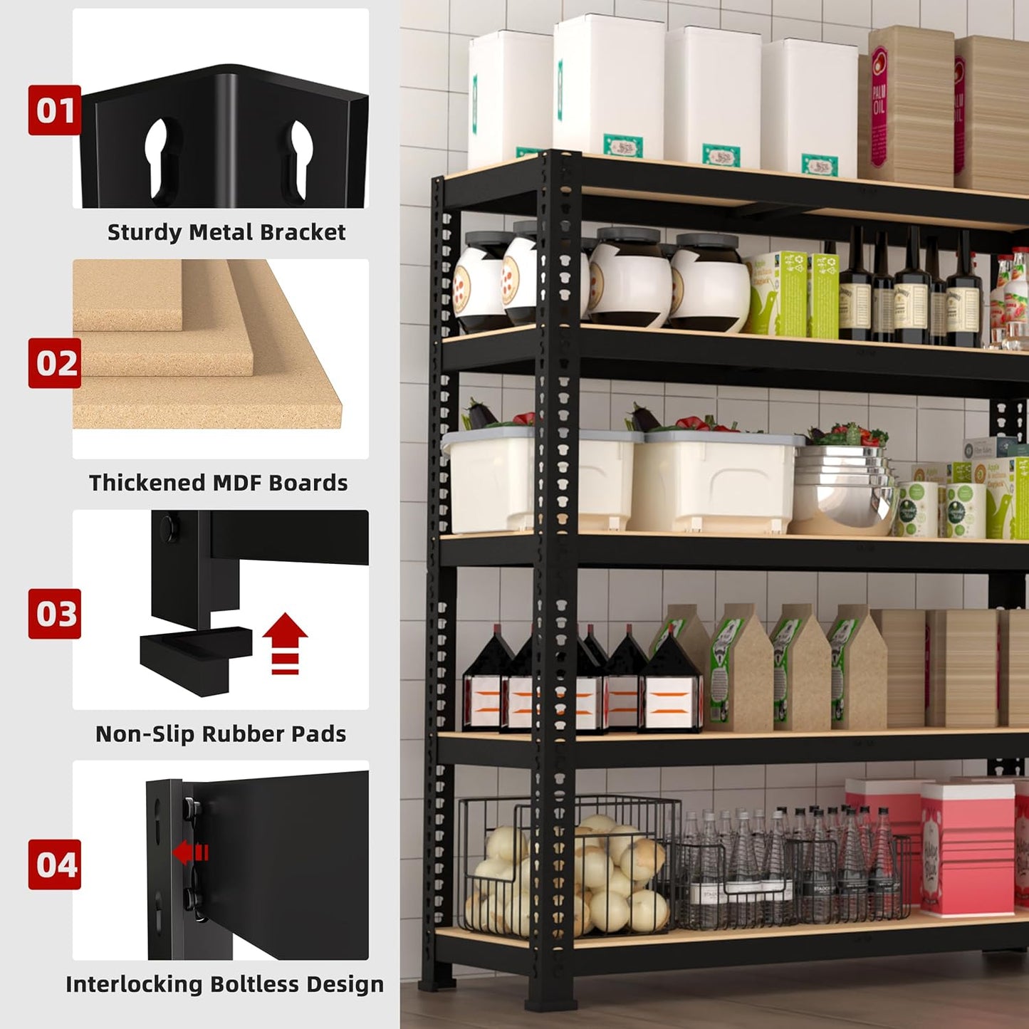 35.5" W x 16" D x 71" H Adjustable Garage Storage Shelves - 5-Shelf Heavy Duty Shelving Unit, Metal Utility Storage Organizer Racks for Warehouse Pantry Closet Kitchen, Black