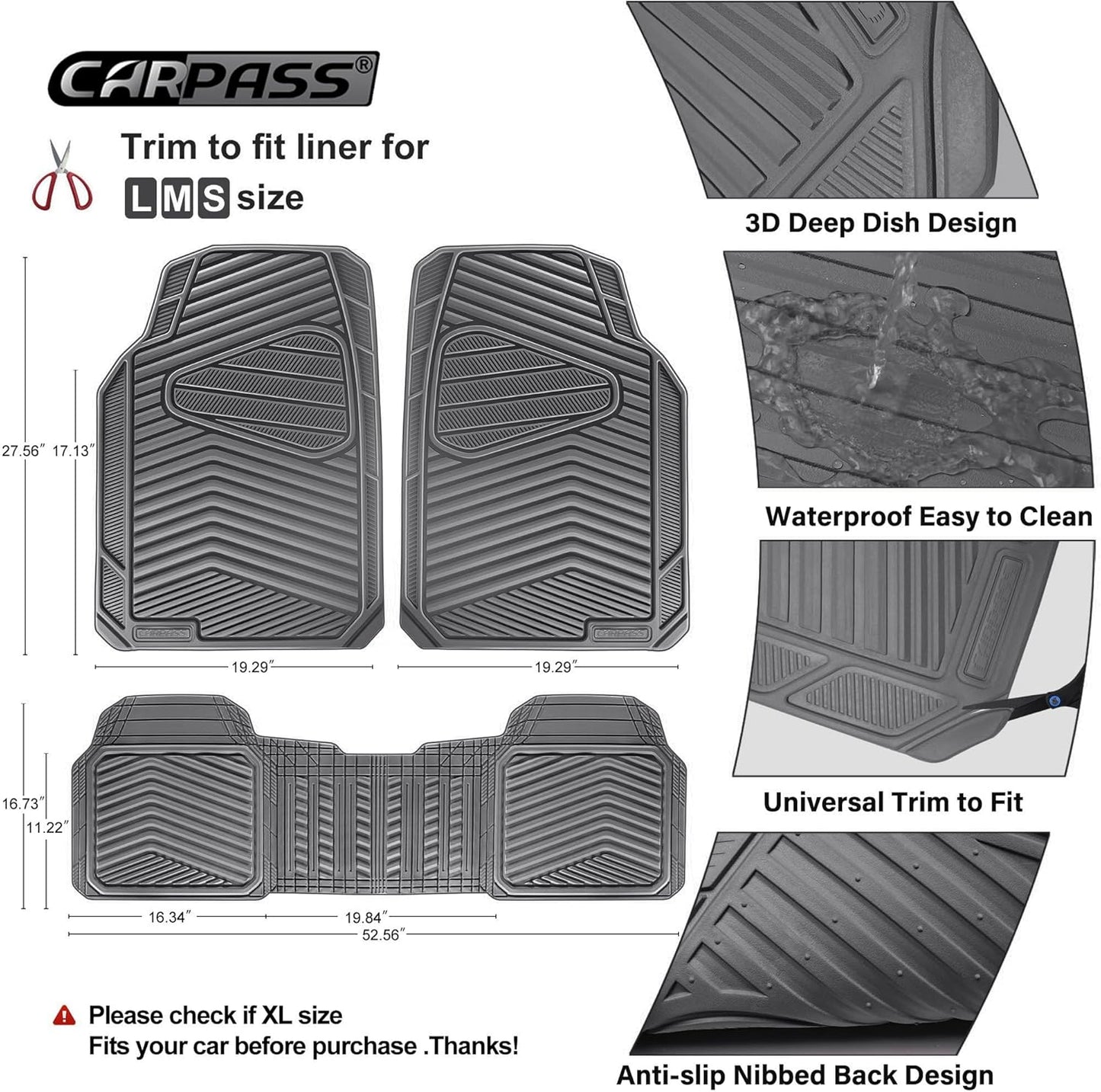 CAR PASS Rubber Car Mats,Car Floor Mats All Weather,Car Mat Full Set 3 Piece,Grey Waterproof Automotive Floor Mat Trim to Fit for Cars Sedan SUVs Small Trucks,Heavy Duty Anti-Slip Easy Clean, All Gray