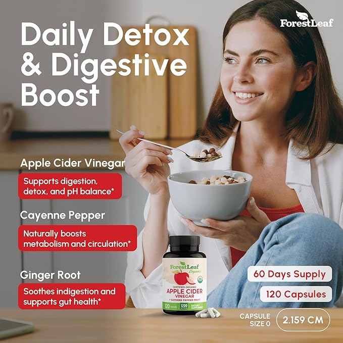 Organic Apple Cider Vinegar Capsules 1200mg – Supports Metabolism, Detox, Digestion, Gut Health – USDA Organic Apple Cider Vinegar Pills with Cayenne Pepper & Ginger Root – 120 Caps – by Forest Leaf
