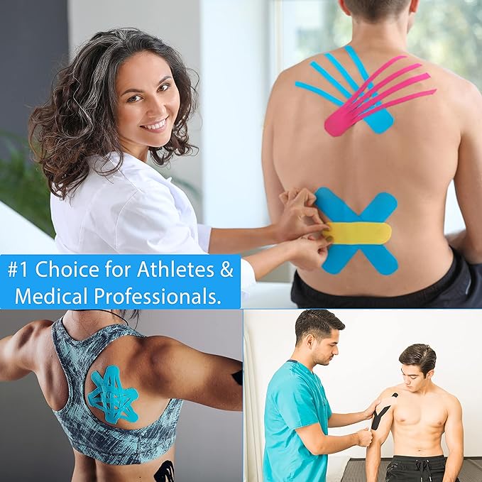 Kinesiology Tape Athletic Pro Sports - 3 Rolls, 60 Precut Strips, Latex-Free, for Muscle Support, Ankles, Wrists, Knees, Running, Tennis, Swimming. Stays Secure for Several Days