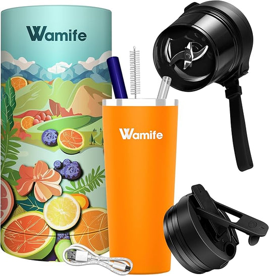 Wamife Portable Blender 16 oz personal blender-for Portable Blender for Shakes and Smoothies,USB-C Rechargeable,Durable Stainless Steel Blades for Powerful Blending Performance,for office gym-Orange