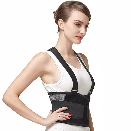 NeoTech Care Back Brace with Suspenders/Shoulder Straps - Light & Breathable - Lumbar Support Belt for Lower Back Pain - Posture, Work, Gym - Black Color (Size XL)