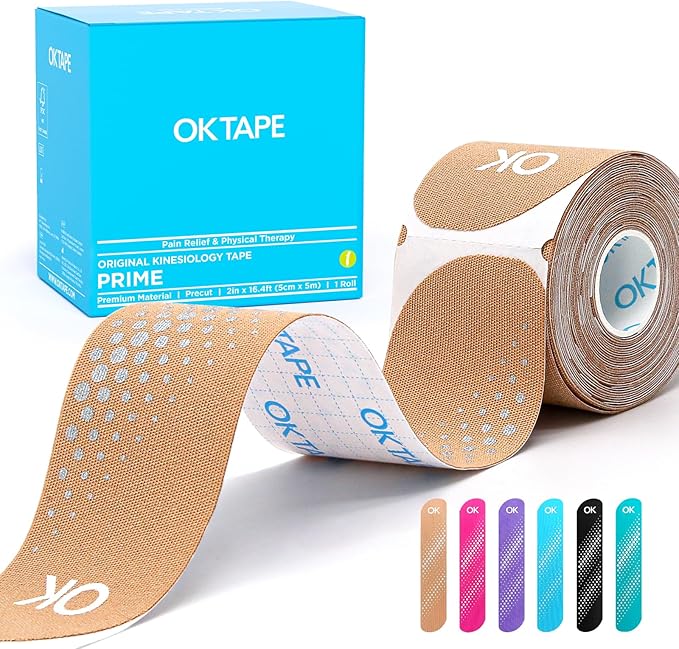 OK TAPE Synthetic Kinesiology Tape Precut Strips, Waterproof Kinesiology Athletic Tape for Joint & Muscle Support, Reflective and Durable K Tape, 2in×16.4ft Roll 20PCS | Beige