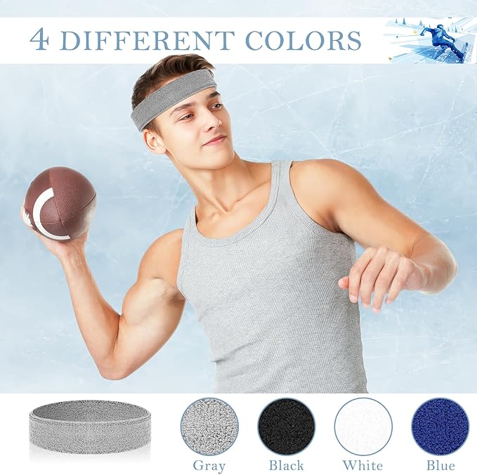 4 Pack Headbands for Men, Sweat Bands Headbands Men & Women, Cotton Terry Sweat Bands for Tennis, Basketball, Running, Gym, Working Out