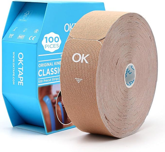 OK TAPE Kinesiology Tape Pre Cut Strips Bulk (100 PCS),Elastic Cotton Latex Free Hypoallergenic Athletic Tape Roll for Muscle Joint Knee,Waterproof k Tape 2in×10in/PCS