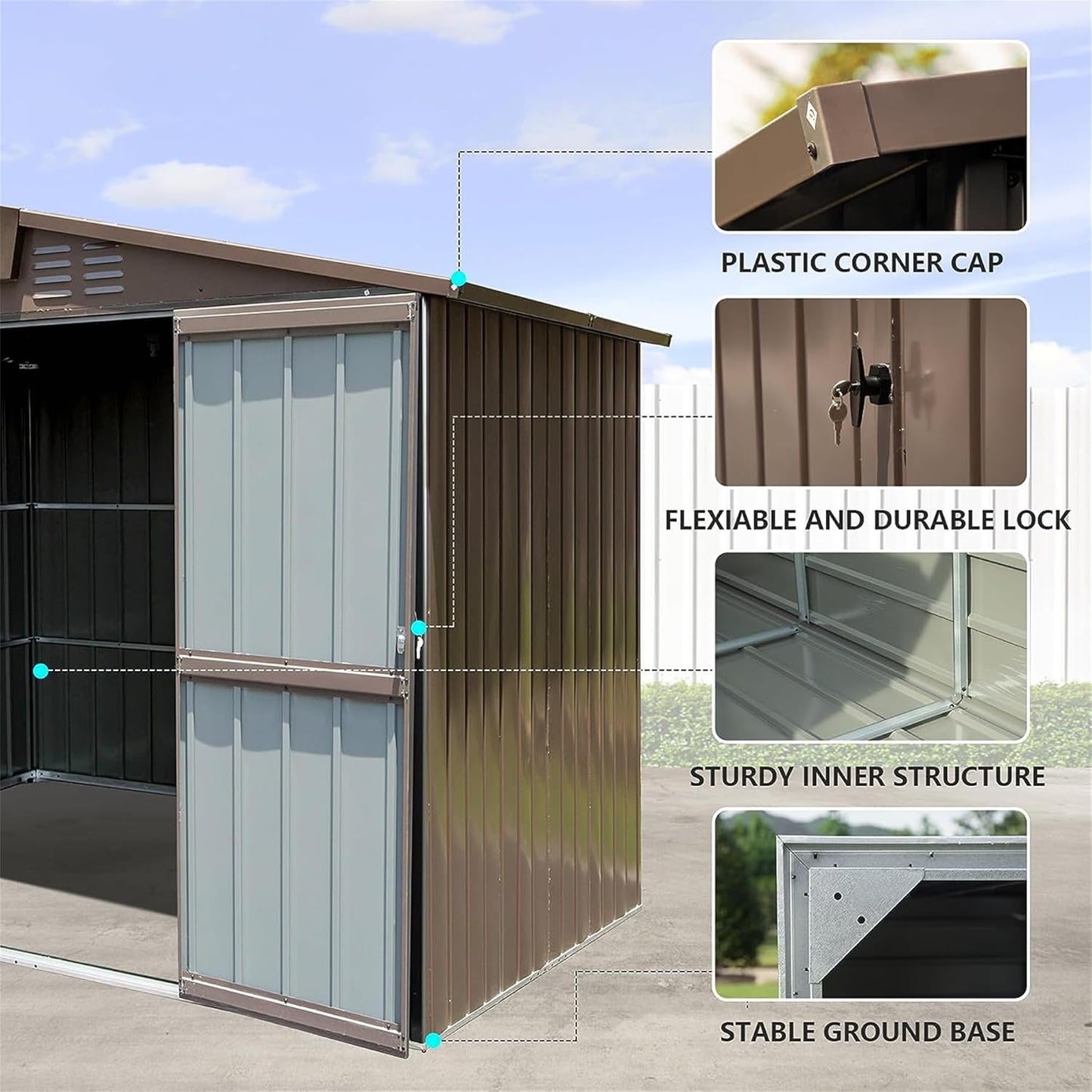 IKERY Metal Storage Shed - 8.2' x 6.2' with Double Lockable Doors and Air Vents, Utility Tool Shed for Backyard, Patio and Garden, Brown