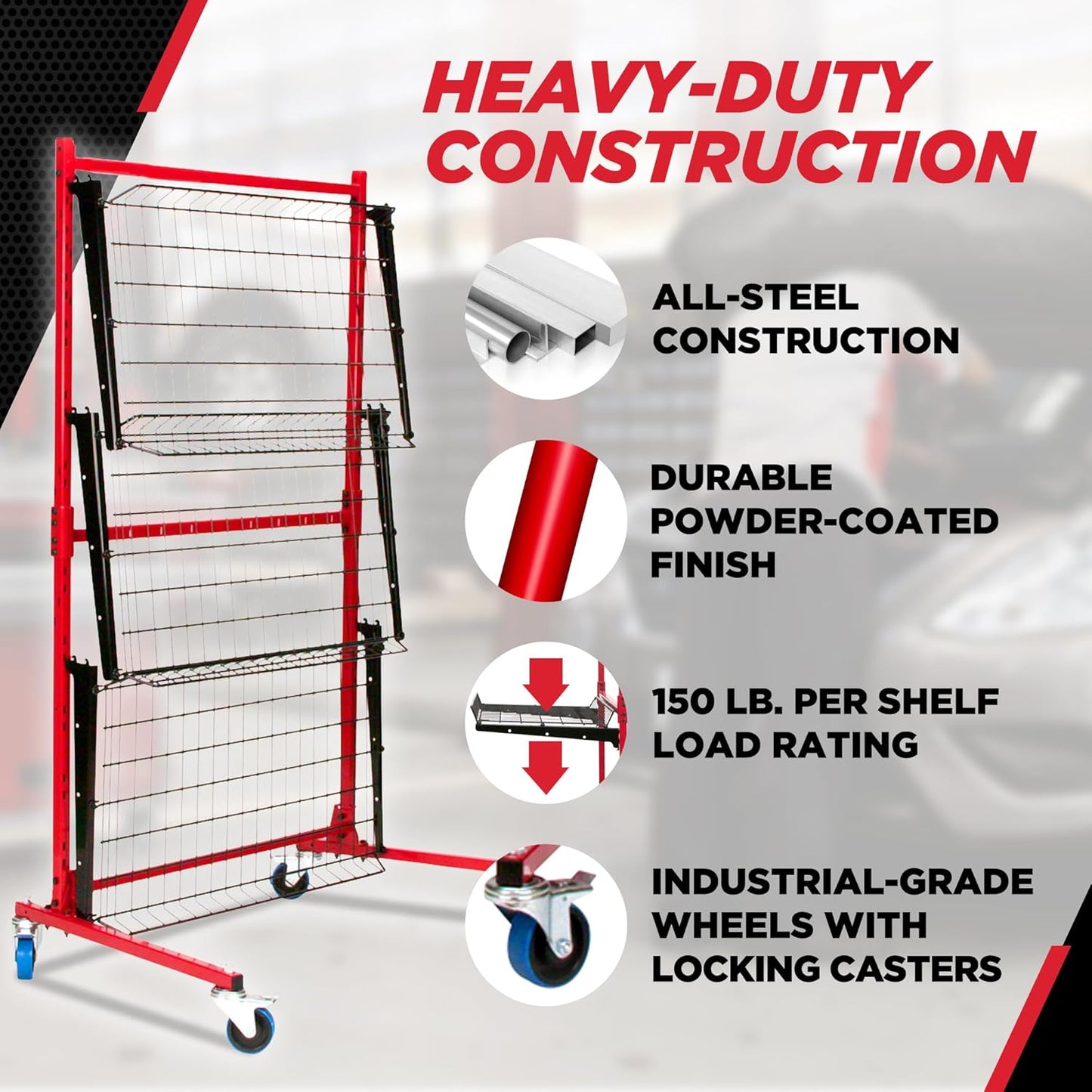 Champ® Parts Caddy Pro™ Auto Body Parts Rack Option 1 with Wheels, All-Steel Cart for Repair Shops and Garages, Locking Casters, 150 lb Capacity Per Shelf, Adjustable Shelves, Powder Coated - Red