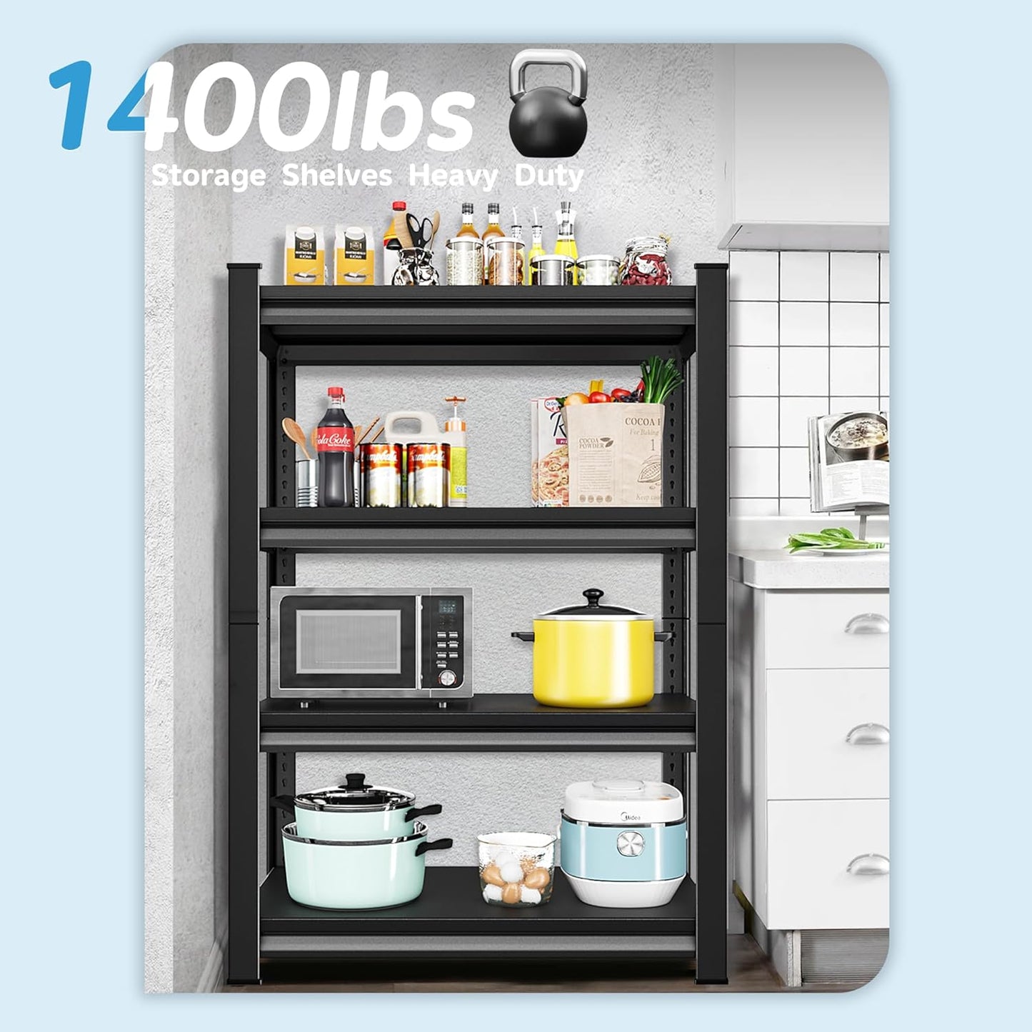 1400LBS Garage Storage Shelves Heavy Duty, 35" W x 16" D x 66" H,4-Tier Garage Shelving Heavy Duty, Industrial Metal Shelving Units for Basement,Fish Tank,Black