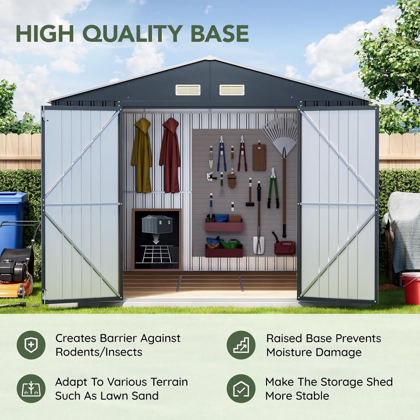 10x10 FT Outdoor Metal Storage Shed with Floor Frame, Double Swing Doors, 2 Clear Windows,Tool Shed for Garden, Patio, Backyard