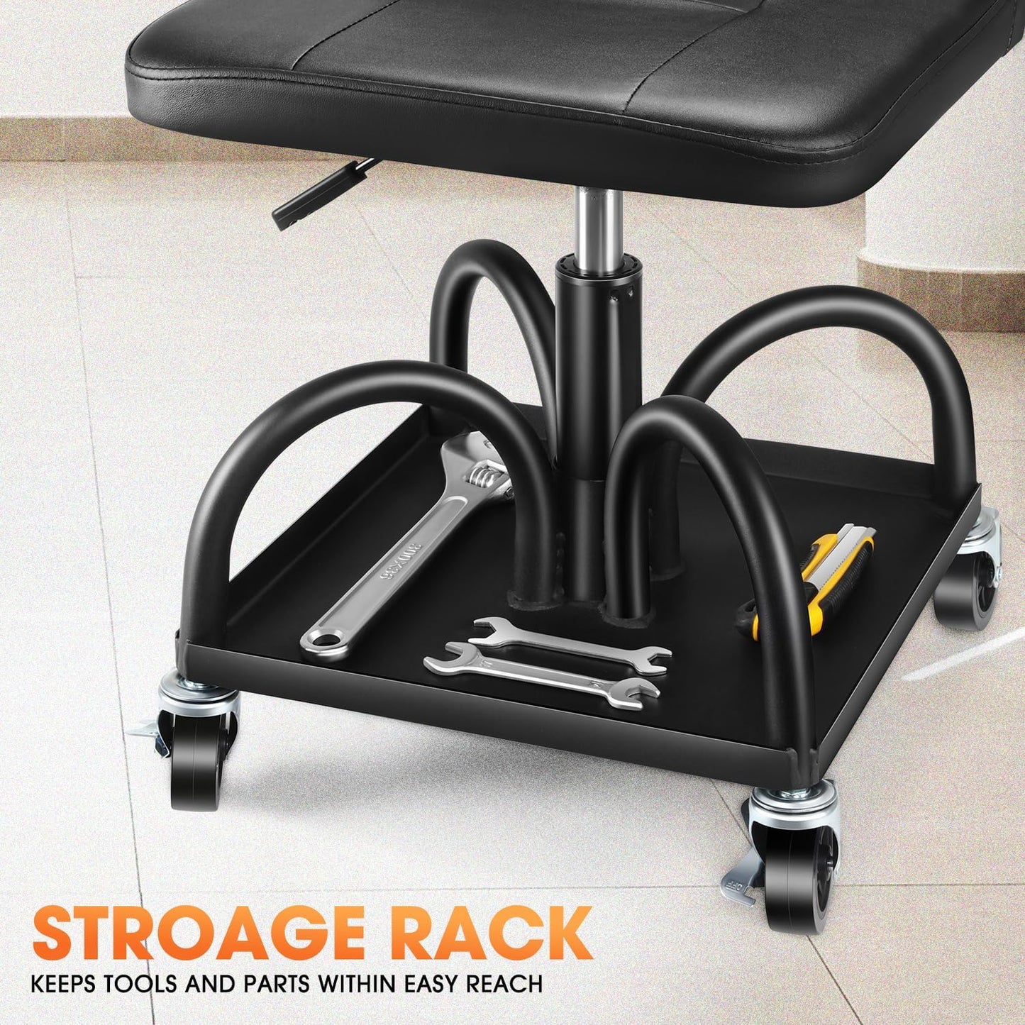 DNA MOTORING Rolling Padded Seat Adjustable Height Seat 330lbs Capacity Rolling Mechanic Creeper Stool, W/Tool Storage Drawer & Tray, Black, TOOLS-00600