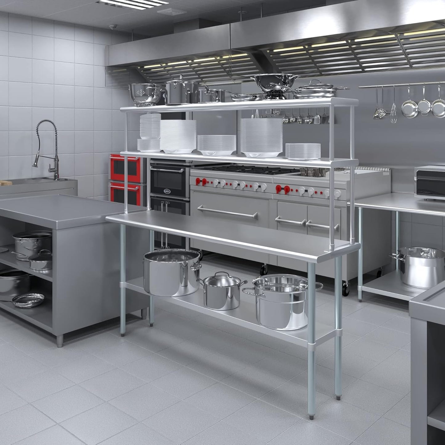 Amgood Stainless Steel Work Table Double Tier Overshelf | Metal Kitchen Prep Table & Shelving Combo (18" x 72" Work Table + 12" Overshelf)