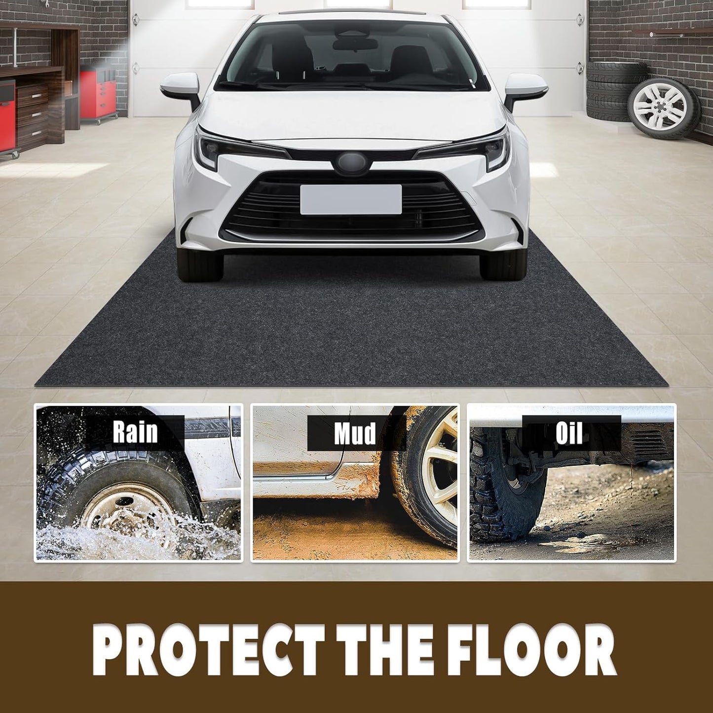 Garage Floor Mat for Small Vehicle, 7'5" x 8'6", Non Slip TPR Backing, Protect Floor from Spills, Drips, Splashes, Absorbent/Durable Pads for Parking, Charcoal