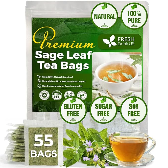 FreshDrinkUS Premium Sage Leaf Tea Bags, 100% Natural & Pure. Loose Leaf Herbal Tea. Made with Natural Material Tea Bags. No Sugar, No Caffeine, No Gluten, Vegan