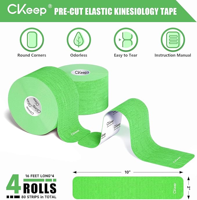 CKeep 4 Rolls Kinesiology Tape, Original Cotton Elastic Athletic Tape, 20 Precut 10" Strips Each, Green, Ideal for Muscle Support & Injury Prevention