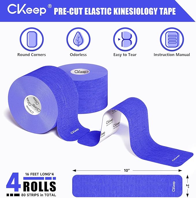 CKeep 4 Rolls Kinesiology Tape, Original Cotton Elastic Athletic Tape, 20 Precut 10" Strips Each, Blue, Ideal for Muscle Support & Injury Prevention