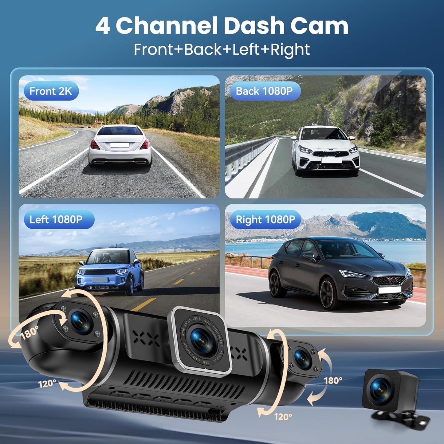 360°View 4 Channel Dash Cam, 2K+1080P Front and Rear Inside Left Right, Wireless Dash Camera for Cars, Built-in G-Sensor, IR Night Vision, 24H Parking Mode, 64GB SD Card, Loop Recording, APP Control