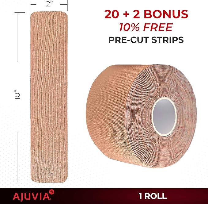 AJUVIA Synthetic Kinesiology Tape, 1 Roll, 10% Bonus, 20 + 2 Precut Strips, Lasts up to 14 Days, Hypoallergenic and Waterproof K Tape for Muscle Pain Relief and Joint Support