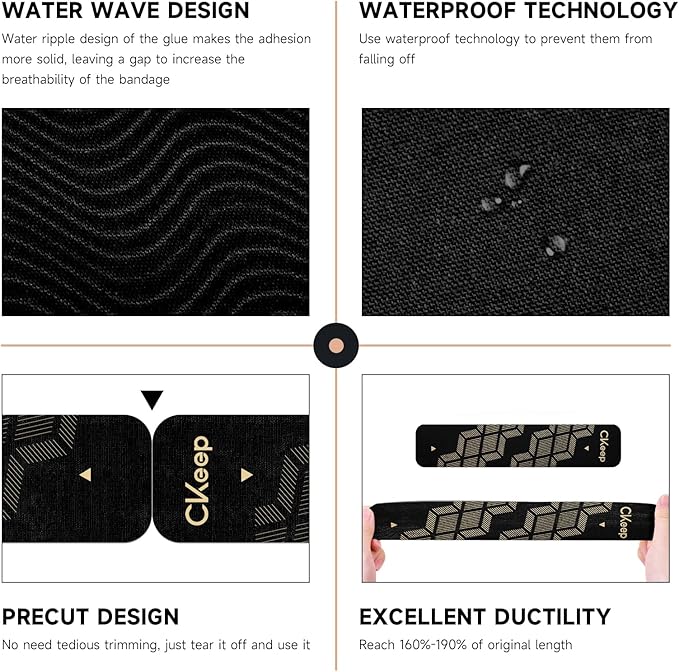 CKeep 4 Rolls Kinesiology Tape, Original Cotton Elastic Athletic Tape, 20 CT 10" Precut Strips Each, Waterproof Tape for Muscle Strain Relief and Joint Support, Black