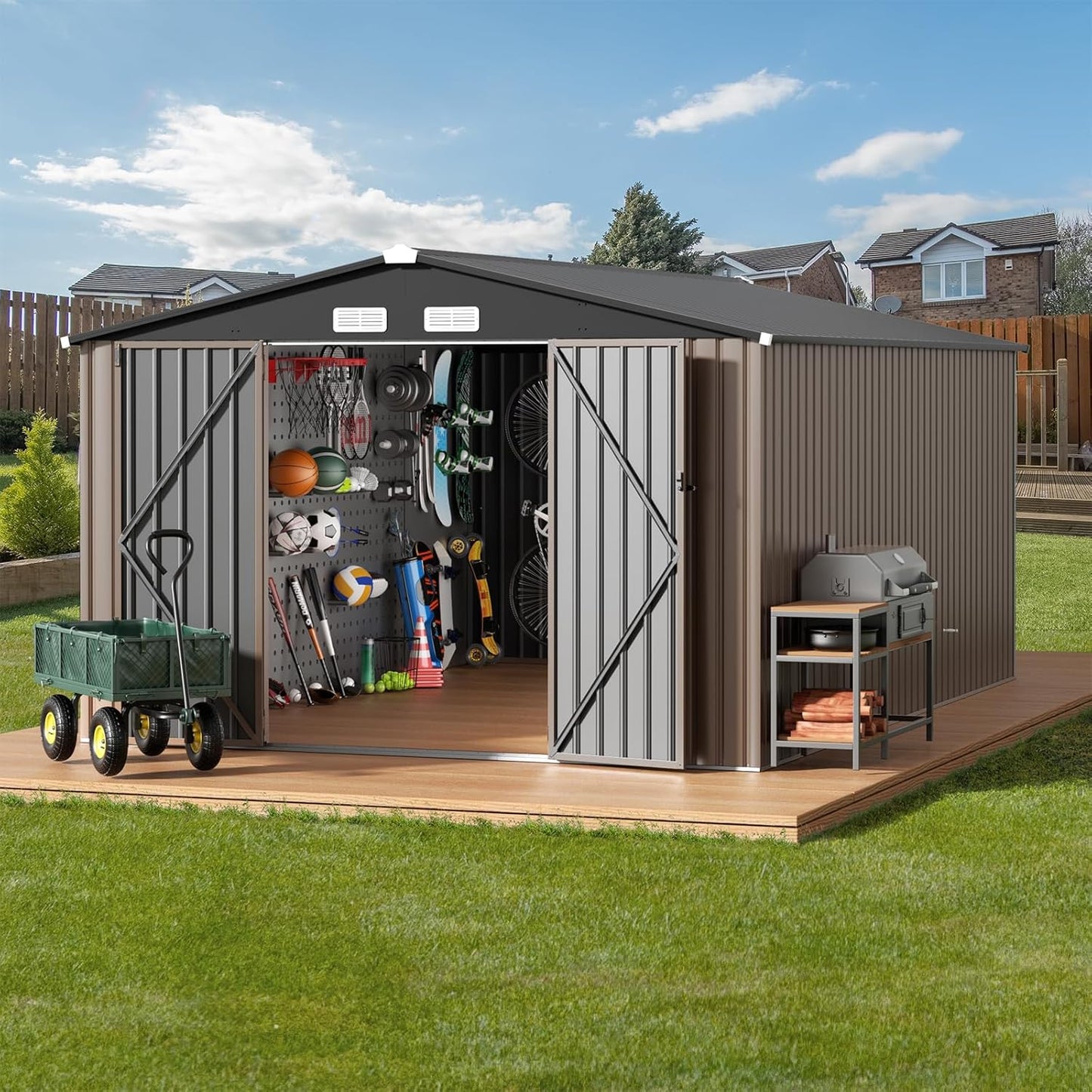 GVDV 10x14 FT Outdoor Metal Storage Shed, Durable Garden Shed with Updated Frame Structure for Backyard, Patio, Tool Storage, All-Weather Shelter for Bike, Gardening Tools, Lawn Mowers