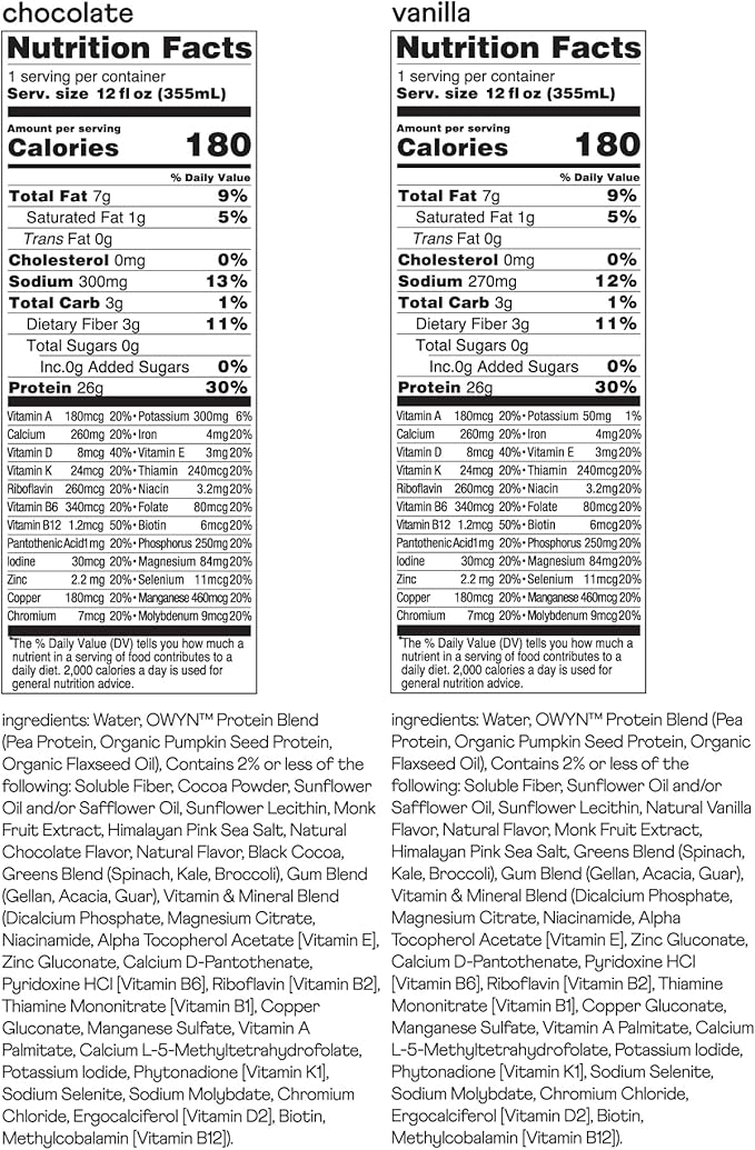 OWYN Only What You Need High Protein Plant Based Complete Nutrition Shake, Chocolate & Vanilla Variety Pack, 12 Fl Oz (12 Pack)