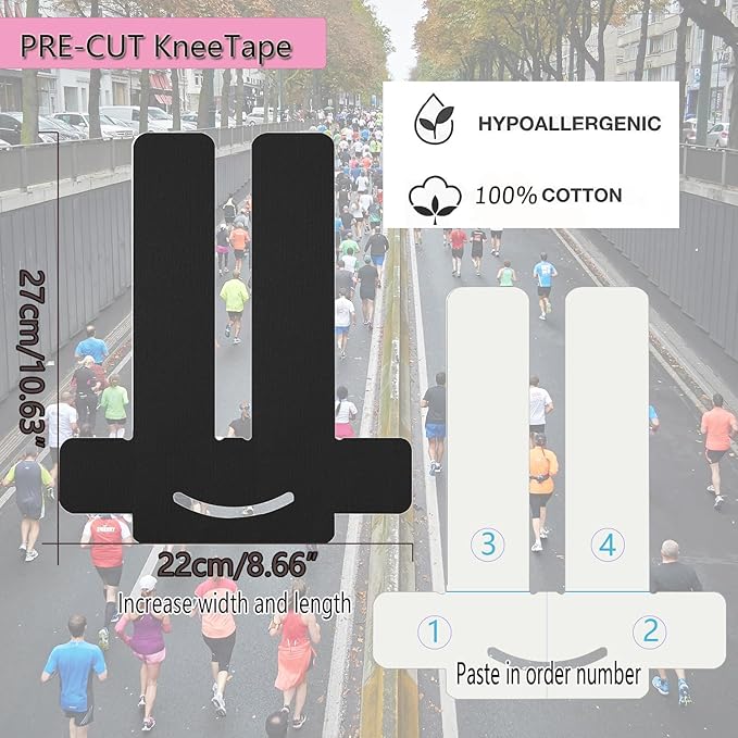 Kinesiology Tape for Knees, 12 Count Pre-Cut Waterproof Knee Tape for Knee Pain Relief Pre Cut, Original Cotton Athletic Tape, Durable Knee Tape for Sports and Long-Lasting Support (Black)