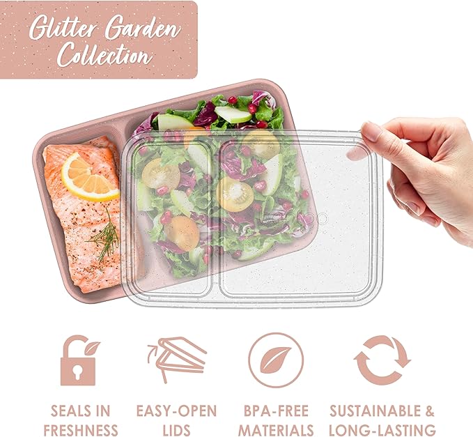 Bentgo 20-Piece Glitter Lightweight, Durable, Reusable BPA-Free 2-Compartment Containers - Microwave, Freezer, Dishwasher Safe (Glitter Garden Edition - Sweet Pea Glitter)