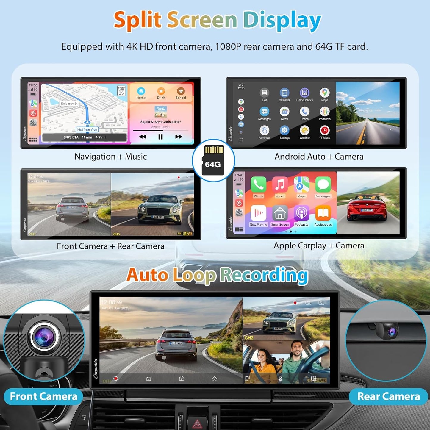 CARPURIDE W125S 11.26 Inch HD Wireless Carplay & Android Auto Screen, 4K +1080P+1080P Dash Camera for Cars with 64GB Card, with Loop Recording, Bluetooth, Voice Control, GPS, FM, Super Link