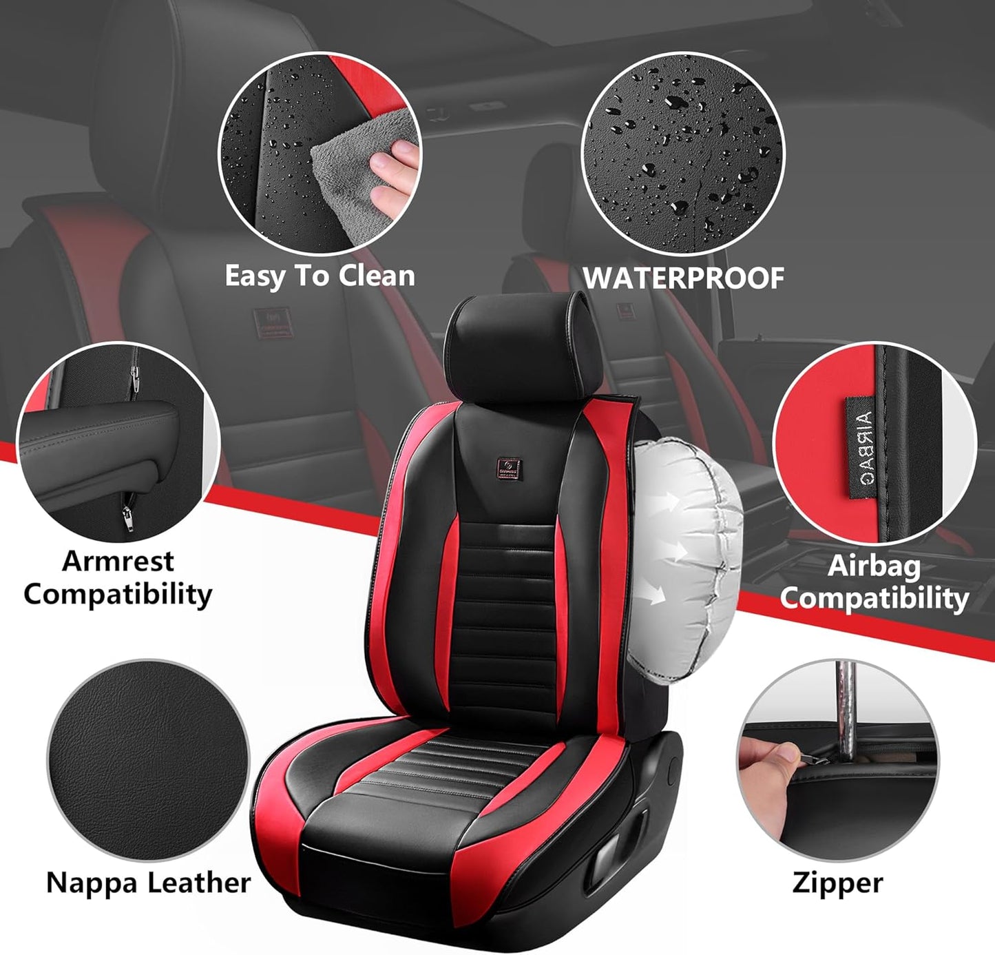 CAR PASS Nappa Leather Car Seat Covers Front Seats, Luxury Seat Protector for Cars, Waterproof Anti-Slip Seat Cushion Armrest Compatible Airbag Universal for Sedan SUV Pick-up Truck Auto, Black Red