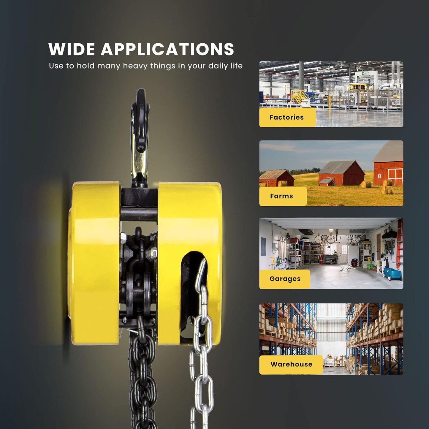 SPECSTAR Hand Chain Hoist 2 Ton 4400 Lbs Capacity 10 Feet with 2 Heavy Duty Hooks, Manual Chain Fall for Warehouse Building Automotive Machinery Yellow