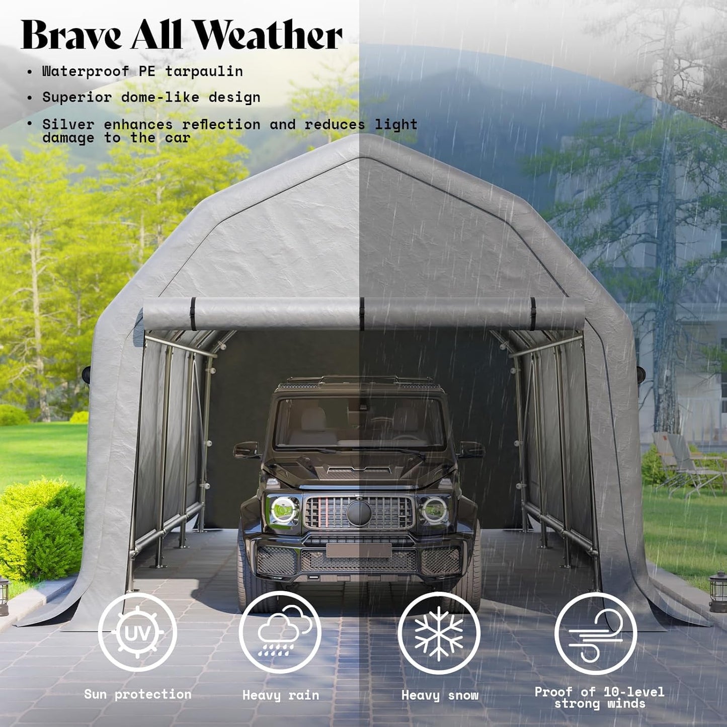 AMERLIFE 12x24 FT Heavy Duty Carport Garage Canopy, All-Weather Steel Frame Outdoor Shelter with Roll-Up Door & 4 Vented Windows, UV-Proof Waterproof Portable Storage for Cars, Boats, Silver