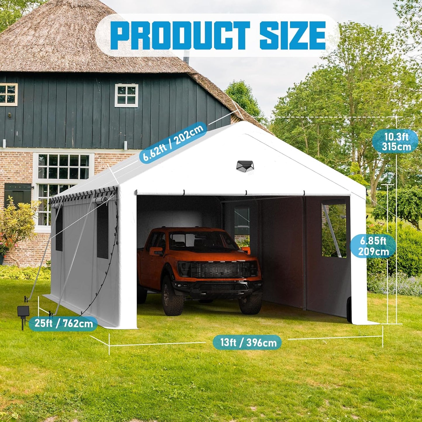 13x25 Carport Canopy, Heavy Duty Car Port, Portable Car Ports Garage with 2 Roll-Up Zipper Drive Through Doors, White