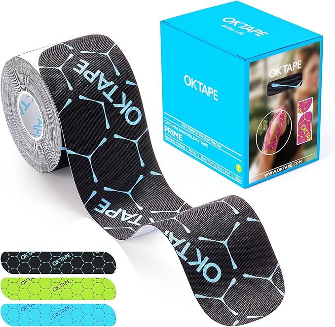 OK TAPE Synthetic Kinesiology Tape, 20 Strips, Precut K Tape, Performance Elastic Athletic Tape for Pain Relief & Muscle Support, Waterproof, 2" x 10" -Black