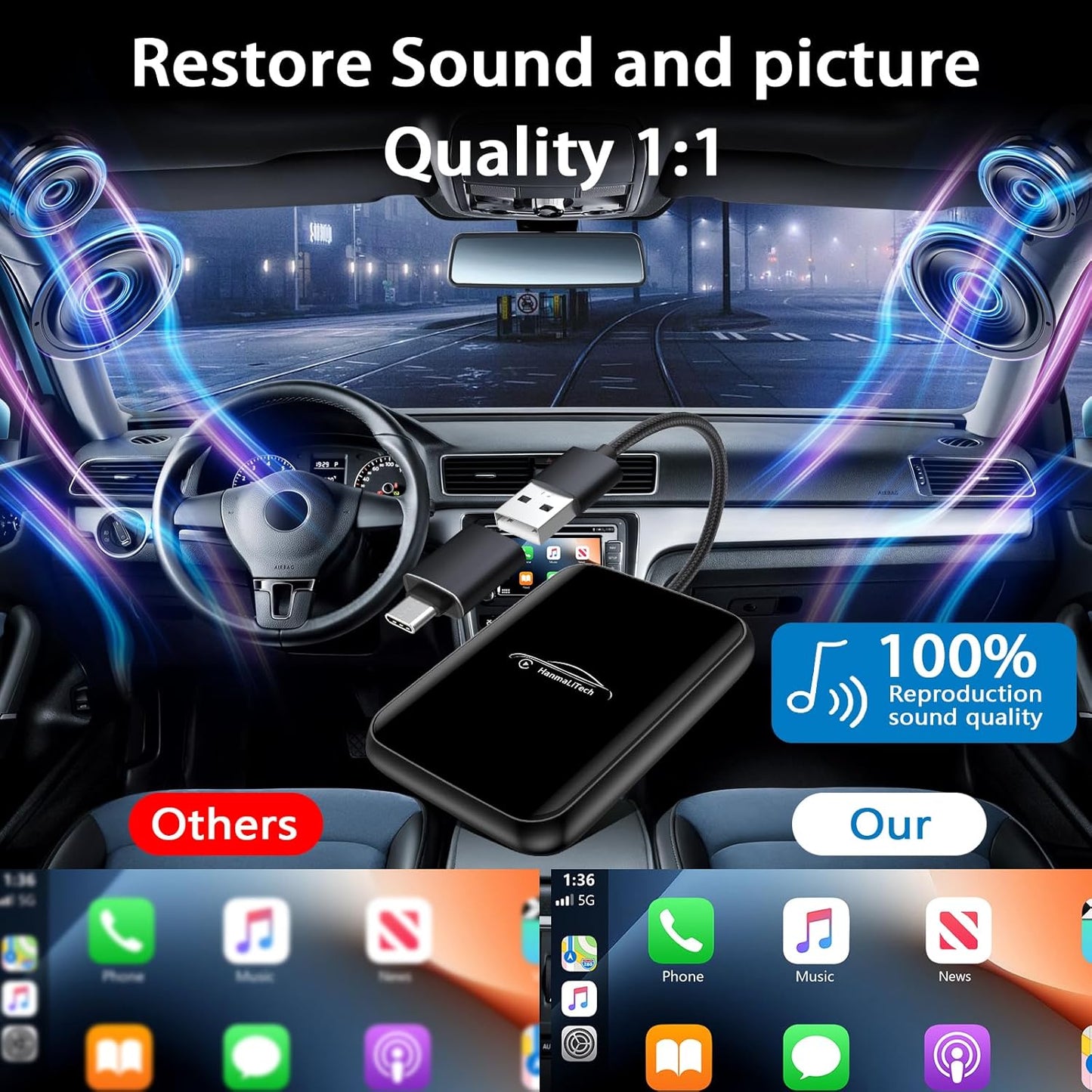 Wireless CarPlay Adapter for Apple iPhone | Mini USB Design for Convert Wired to Wireless Car Play Adapter - No Latency from iOS 10+ to Screen w/USB C (Black)