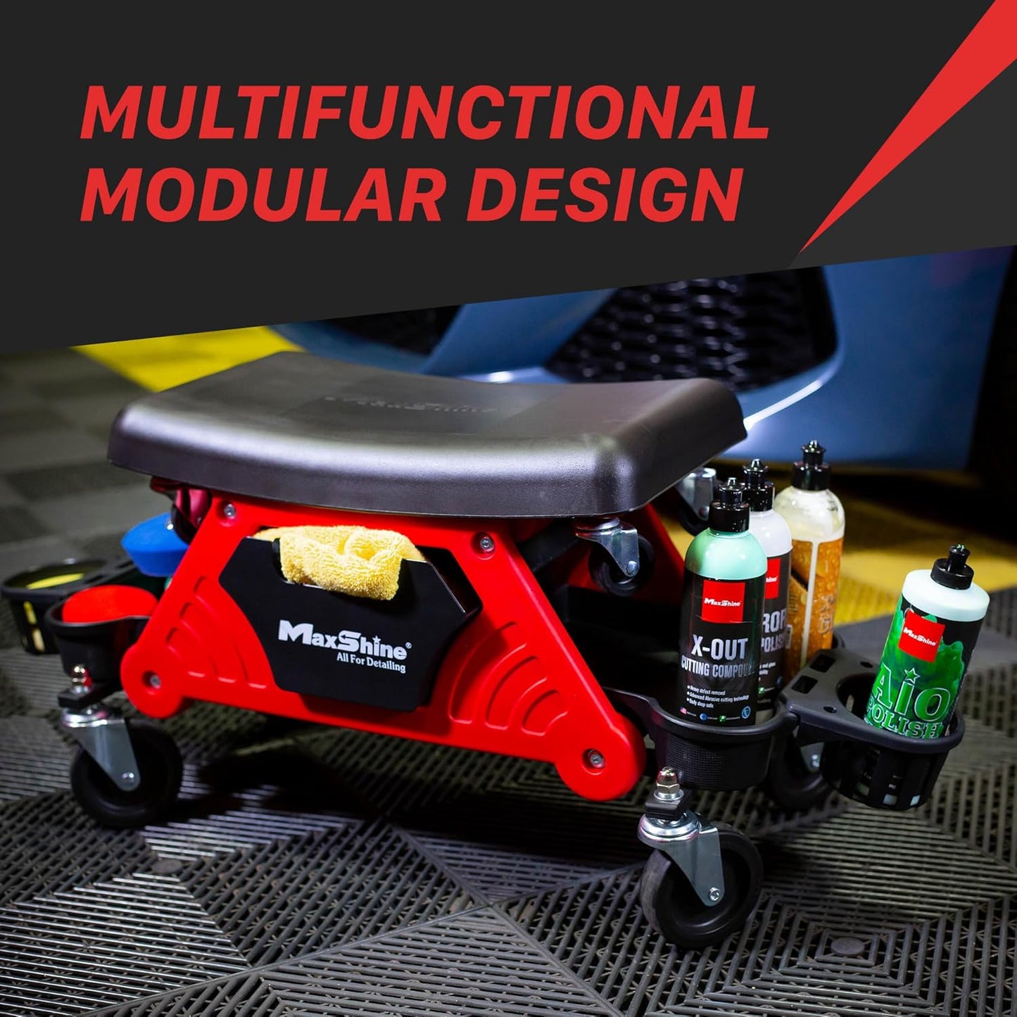 Maxshine Creeper II Detailing Creeper Seat | Complete Set, Black, Polyethylene, Steel Frame | Modular Design, Removable Cushion, 4" Wheels | Rolling Creeper for Car Detailing